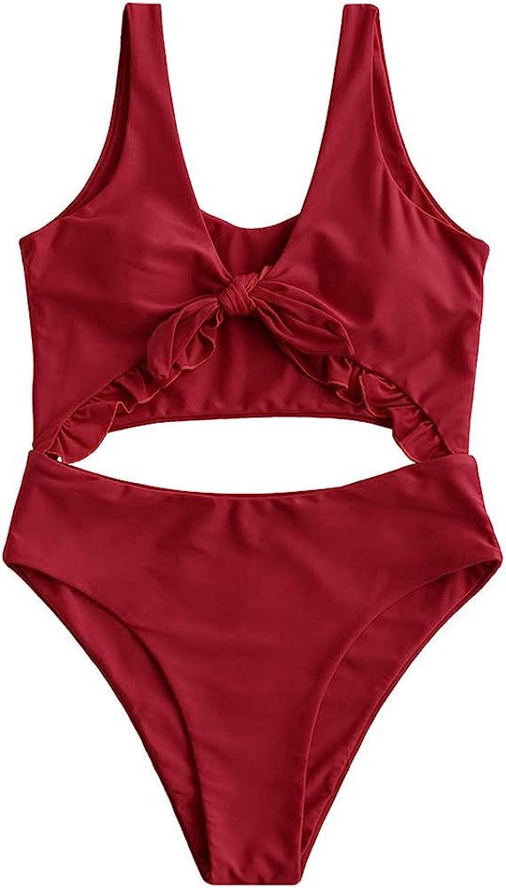 ZAFUL Women's Tie Knot Front Ruffle Cutout High Waisted One-Piece Swimsuit (Red, S) | Amazon (US)
