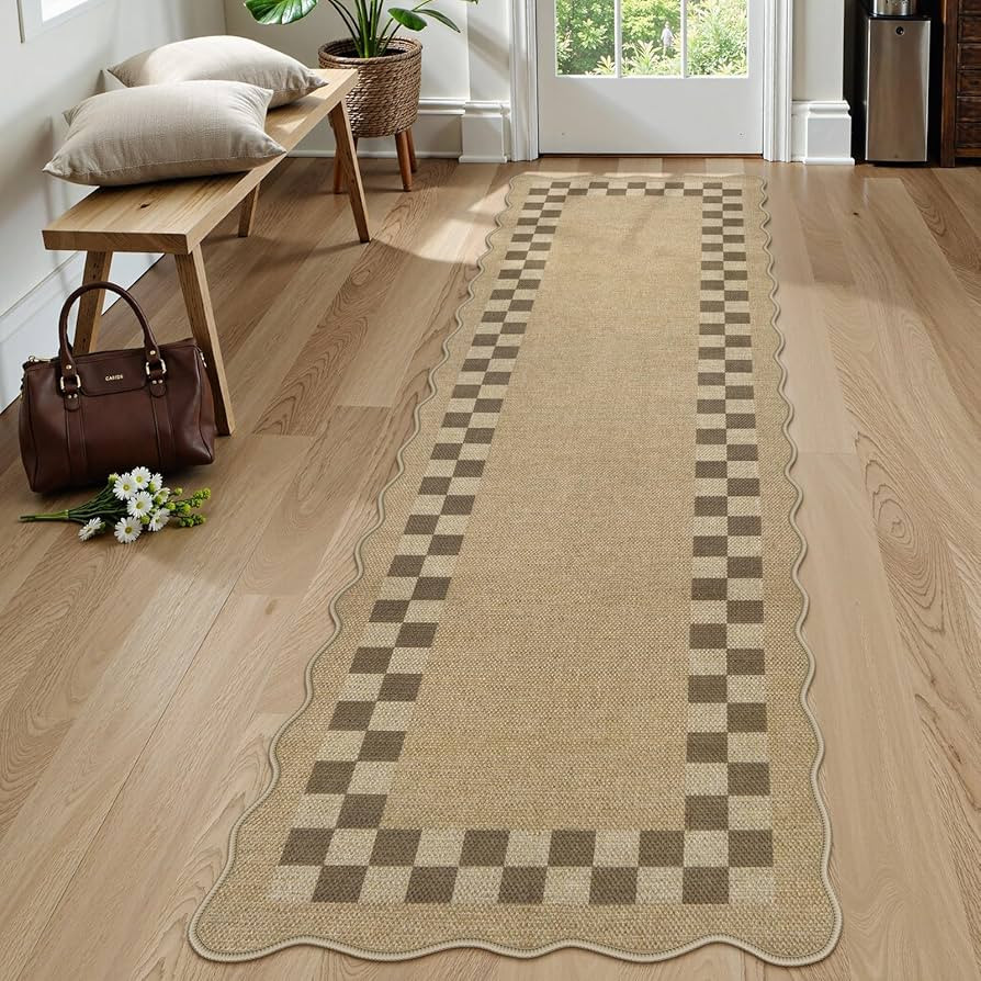 LIVEBOX Scalloped Easy Jute Checkered Runner Rug for Kitchen, Washable 2x8 Tan Rugs for Hallway E... | Amazon (US)