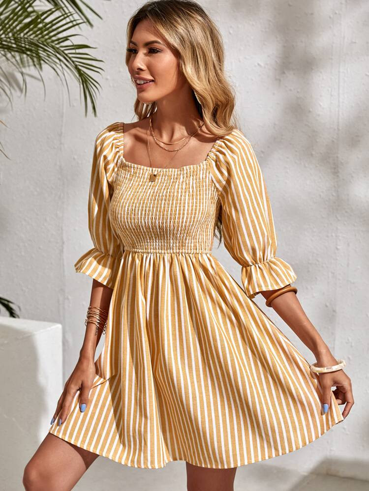 Striped Shirred A-line Dress | SHEIN
