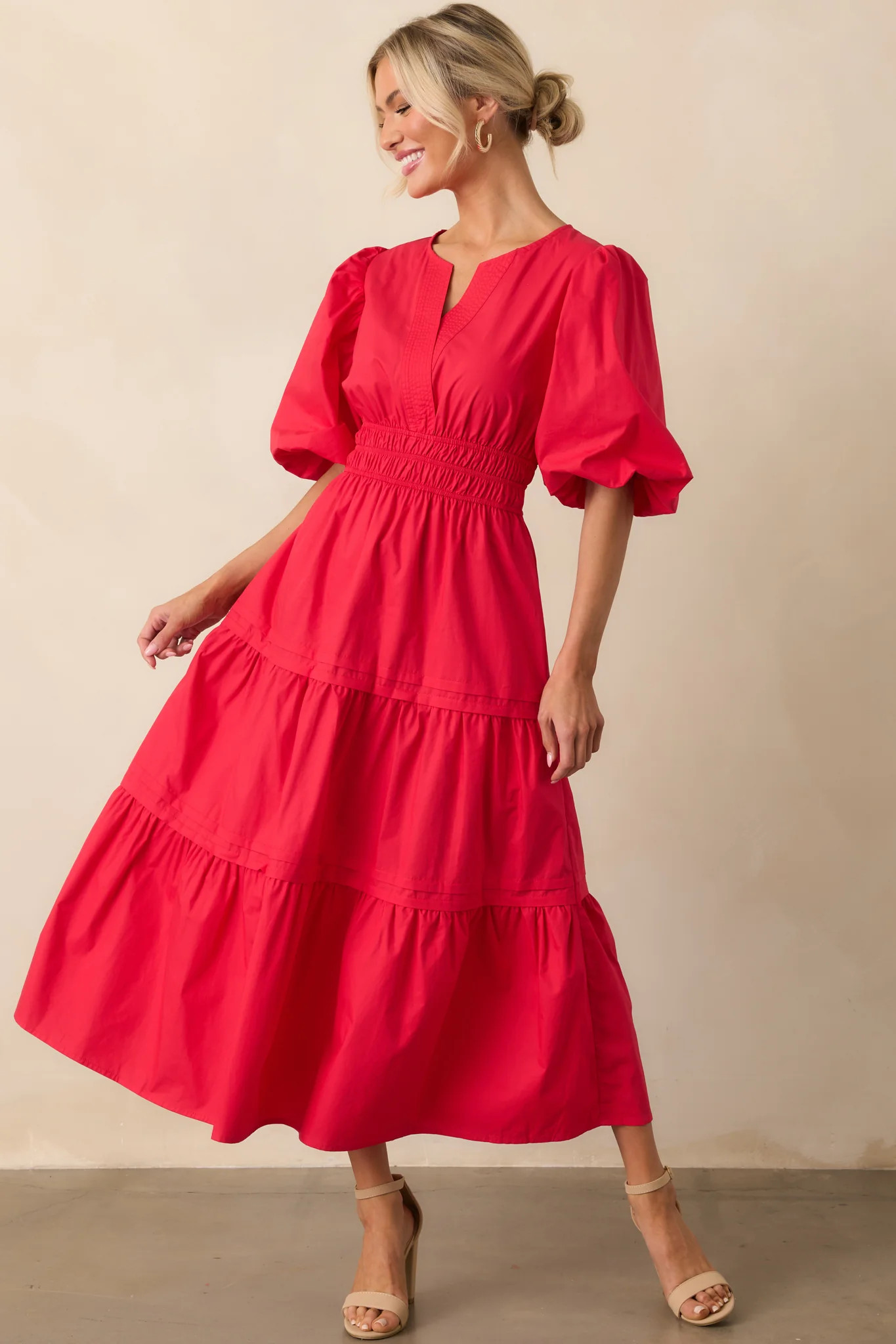 Afternoons At The Gallery Red Cotton Puff Sleeve Maxi Dress | Red Dress