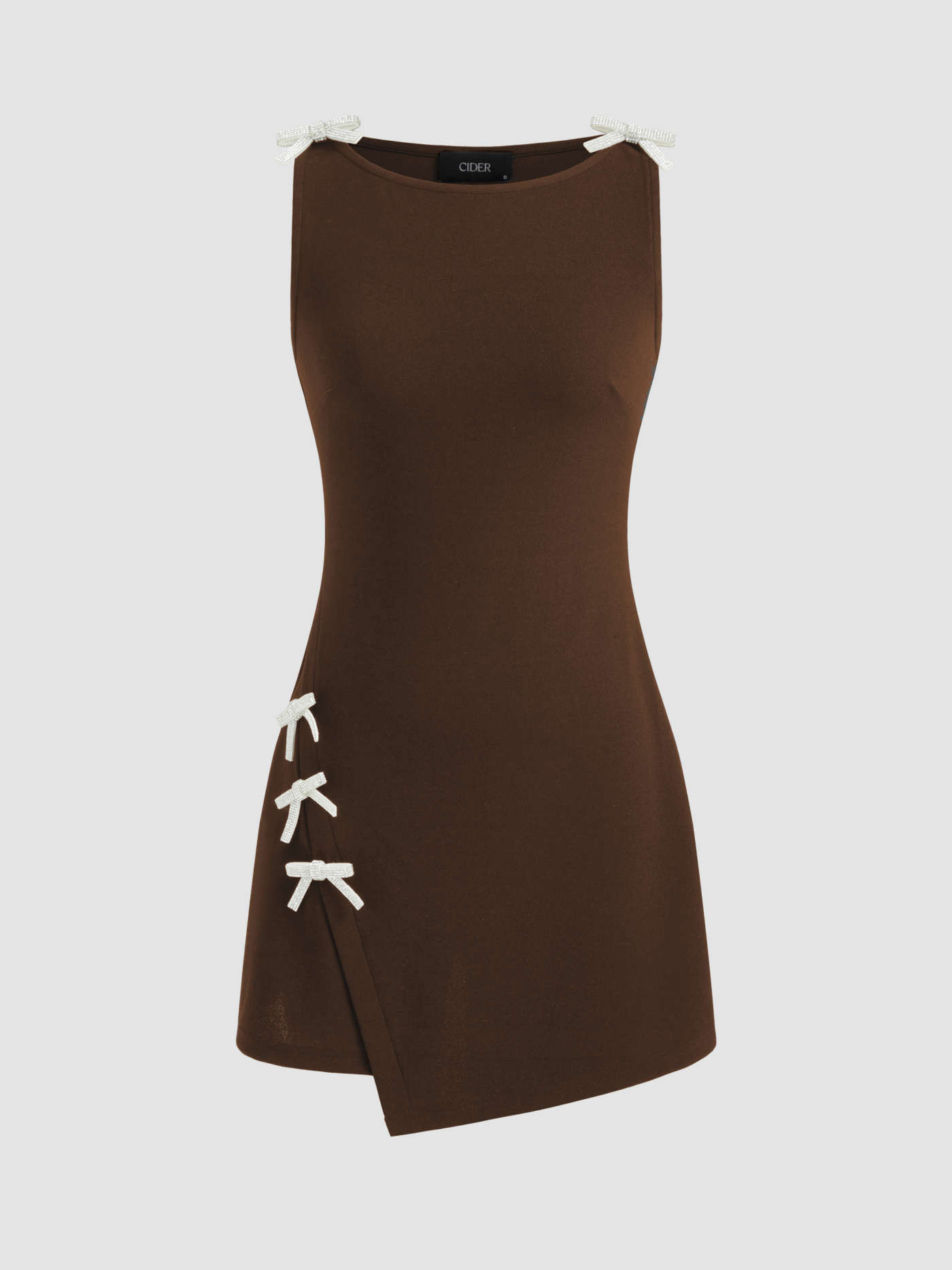 Knit Fabric Boat Neckline Solid Bowknot Wrap Mini Dress For Date | Cider