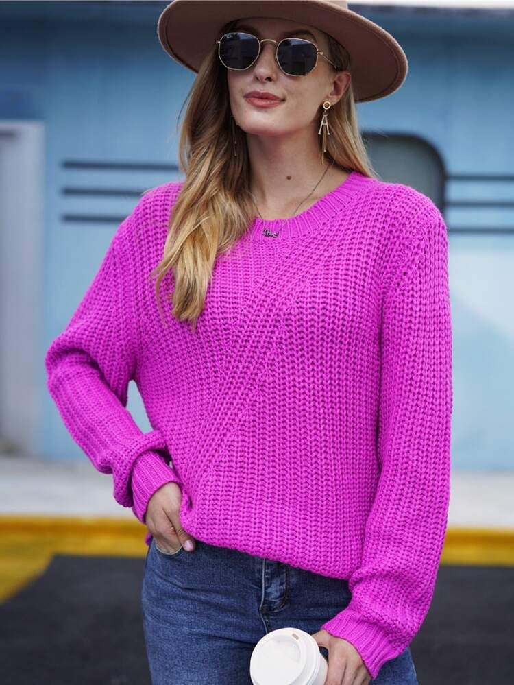 Neon Pink Drop Shoulder Sweater | SHEIN