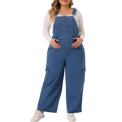 Agnes Orinda Women's Plus Size Denim Bib Jeans Pockets Stretch Adjustable Suspenders Jumpsuit Mid Blue 3X | Target