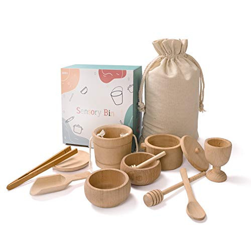 MONT PLEASANT Montessori Toys Sensory Bin Toys for 1 Year Old Toddlers, 11pcs Wooden Waldorf Toys Wooden Scoops and Tongs for Transfer Work and Fine Motor Skills Development | Amazon (US)