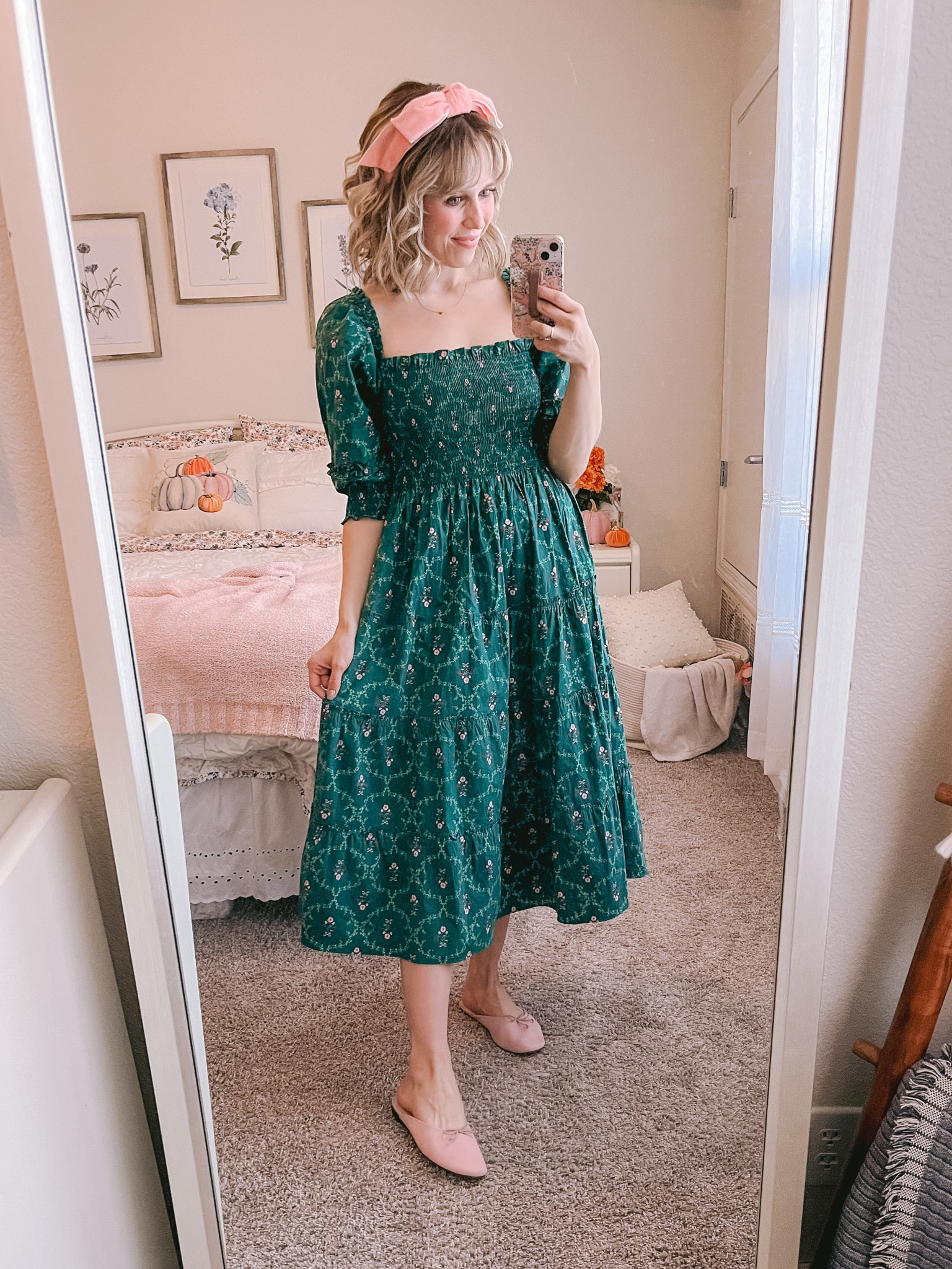 Fall dress, fall ootd, nap dress, nap dress outfit, ballet flats outfit, ballet flat mules, green floral dress, holiday dress, hair bows, womens hair bows

#LTKSeasonal #LTKHoliday #LTKshoecrush