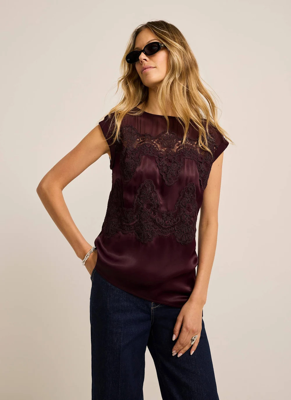 Burgundy Satin Lace Detail Top | Mint Velvet - US