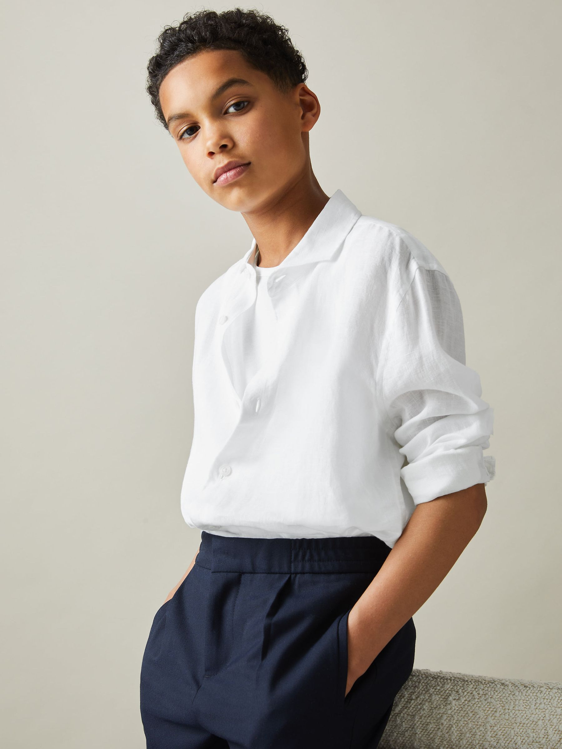 Reiss 3-9 yrs Linen Cutaway-Collar Shirt in White - REISS | Reiss UK