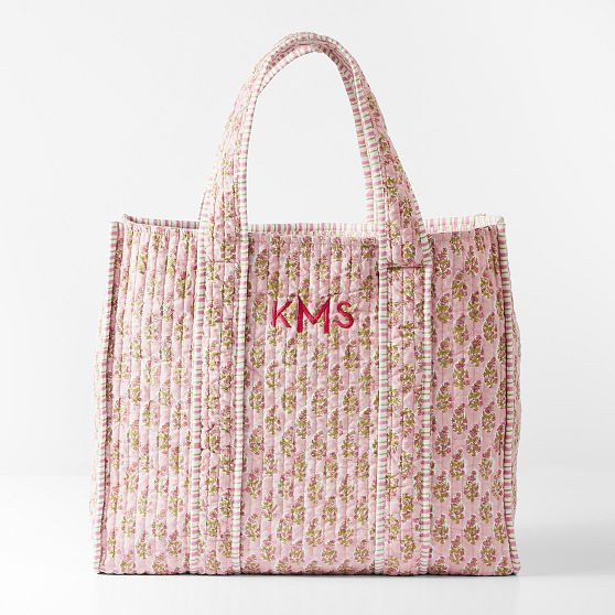 Block Print Quilted Oversized Tote, Pink Flower | Mark and Graham