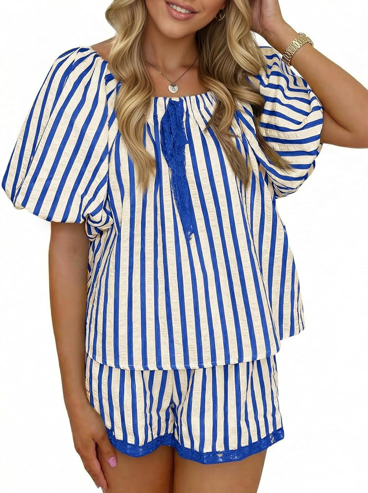 Tankaneo Womens Summer Striped 2 Piece Short Sets Short Puff Sleeve Scoop Neck Babydoll Blouse Va... | Amazon (US)
