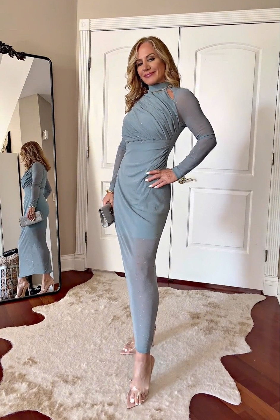 Refined elegance in this mesh bodycon dress in a soft dusty blue featuring a sophisticated mock neck and elegant shoulder cut-out, offering a perfect balance of modern allure and timeless grace. The ruching at the bust and waist enhances the body-contouring silhouette, creating a flattering fit that accentuates your natural curves. Sparkle sequin details add a subtle shimmer, while the slit hem lends just the right amount of movement.

Perfect as a wedding guest dress, fancy date night, formal occasaions and black tie events.



#LTKPetite #LTKWedding #LTKootd