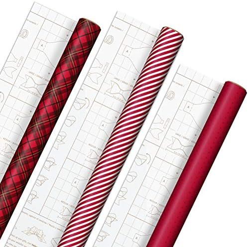 Hallmark Holiday Wrapping Paper with DIY Bow Templates on Reverse (3 Rolls: 120 sq. ft. ttl) Red Pla | Amazon (US)