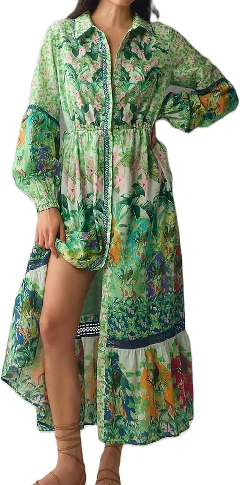 MYBFYABO Women's Boho Long Sleeve Full Button Down Midi Dress Lapel Collar Floral Print Casual Lo... | Amazon (US)