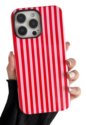 Longlayss Compatible with iPhone 16 Pro Max Case Cute Aesthetic Striped Phone Case for Women Girl Shockproof Slim TPU and Hard PC Protective Cover (Pink and Red) | Amazon (US)