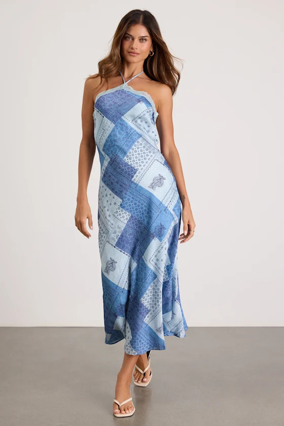 Ellira Blue Patchwork and Paisley Print Halter Maxi Dress | Lulus