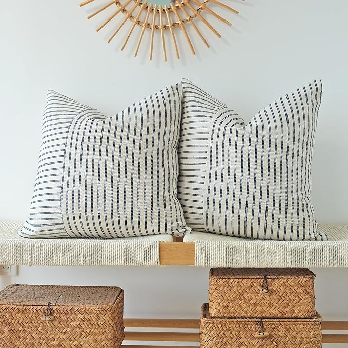 JOJUSIS Navy Blue and Beige Patchwork Farmhouse Pillow Covers 18x18 Inch, Pack of 2 Striped Linen... | Amazon (US)