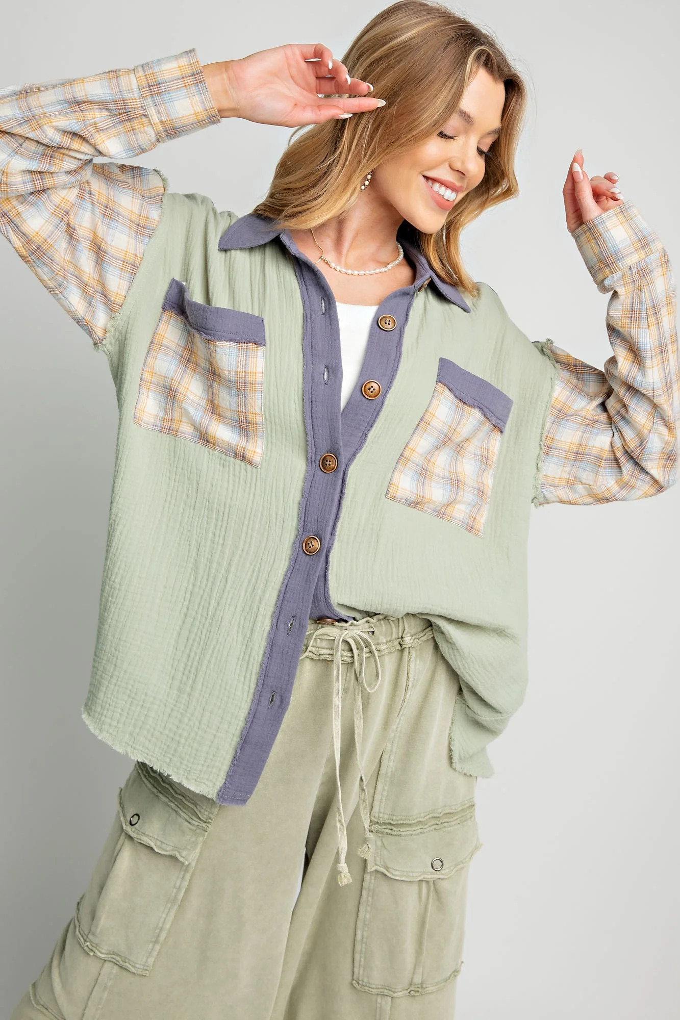 Light Olive Gauze Plaid Mix Button Up Top | PinkBlush Maternity