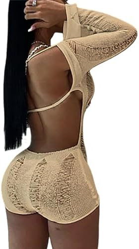 Mameluco Sexy para Mujer, de Manga Larga, Crochet, Tejido, con Hueco, Sin Espalda, Bodycon, para ... | Amazon (US)
