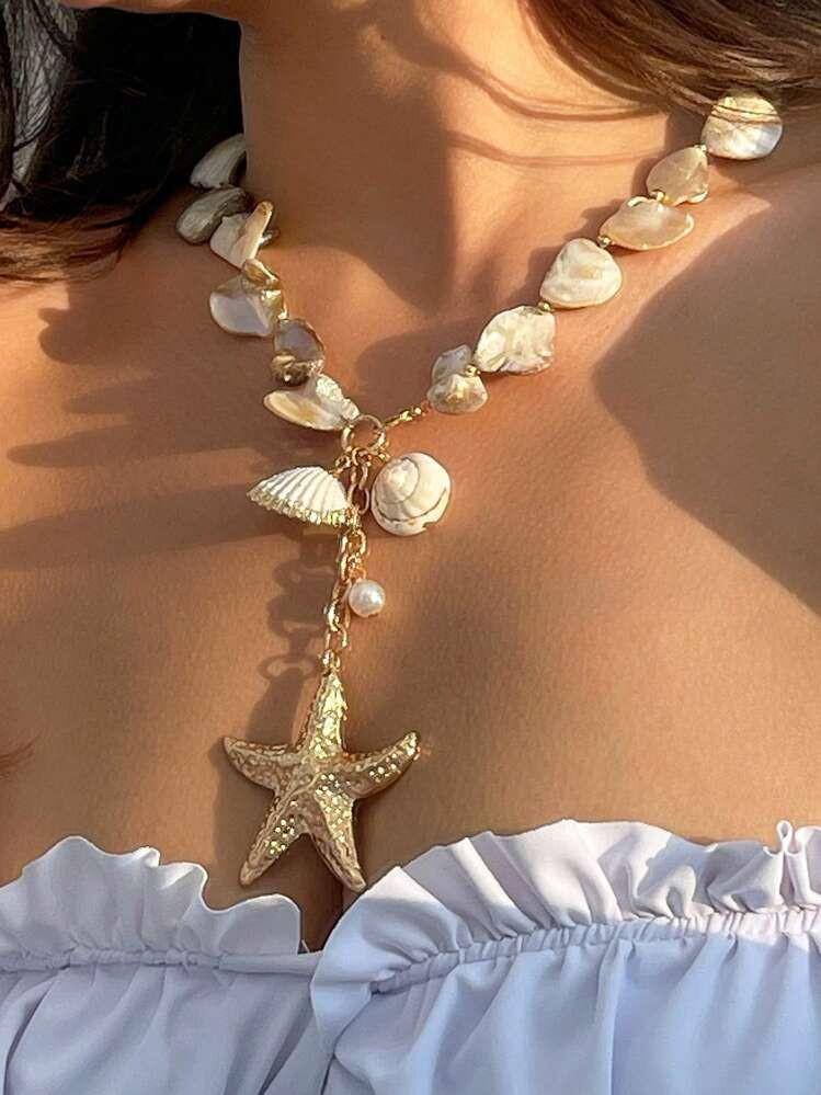 2pcs Bohemian Style Vintage Ocean Element Luxury Beaded Necklace And Bracelet Set, Metal Starfish Pendant Faux Pearl Collarbone Necklace For Women, Daily Wear And Beach Vacation Decoration, Gift Jewelry Set. Shell Shape Pattern Color Random. | SHEIN