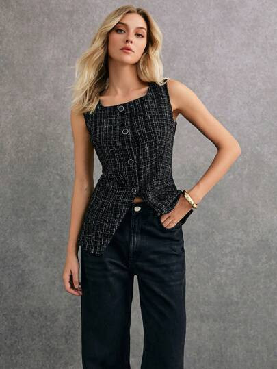 Poéselle Women's Casual Commuting Plaid Front Button Sleeveless Shirt,Winter Women Outfits,Black... | SHEIN