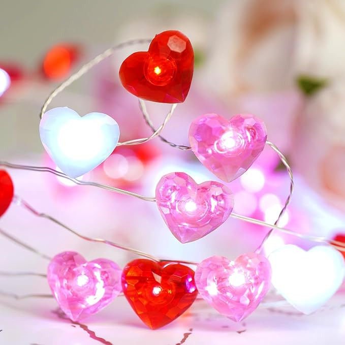 Valentines Day Decor 10 ft 40 LEDs Red White Pink Heart String Lights Battery Operated Garland Va... | Amazon (US)