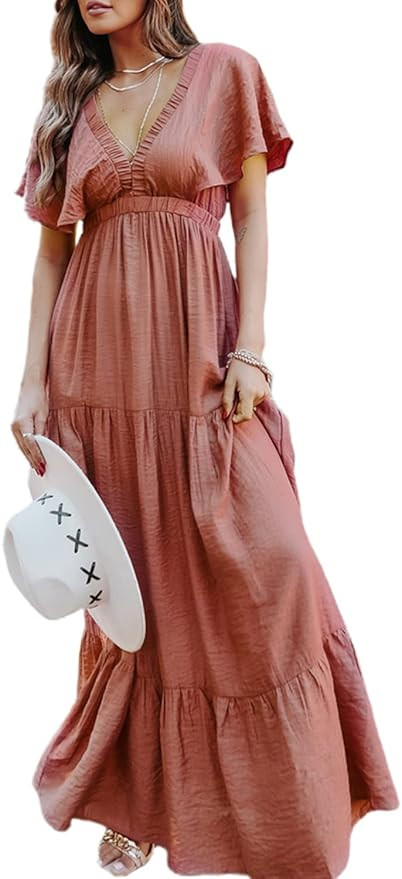 Amegoya Women's Casual Short Sleeve V Neck Floral Chiffon Maxi Dresses Summer High Waist Boho Bea... | Amazon (US)