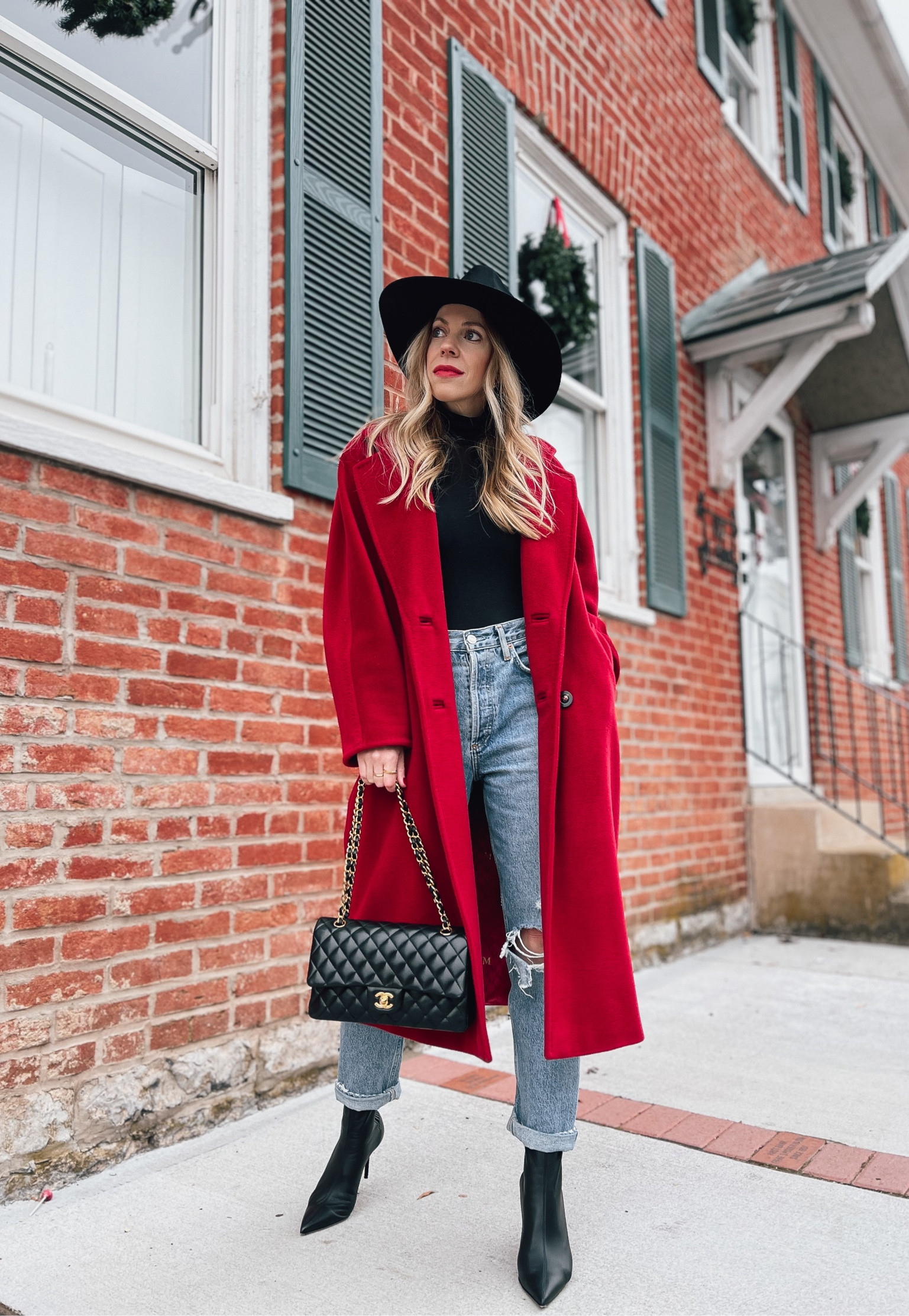 Red coat holiday outfit, black wool hat, AGOLDE jeans

#LTKSeasonal #LTKHoliday #LTKstyletip