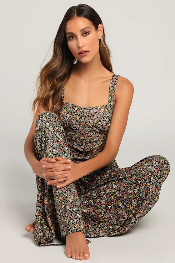 Rise and Bloom Black Floral Print Wide Leg Lounge Pants | Lulus (US)
