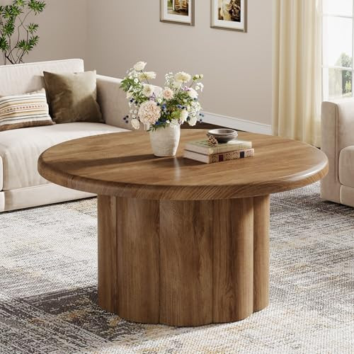 Tribesigns 31.5" Round Coffee Table for Living Room, Farmhouse Circle Center Cocktail Table with Fluted Drum Base, Wooden Living Room Furniture for Apartment, Small Space, Brown | Amazon (US)