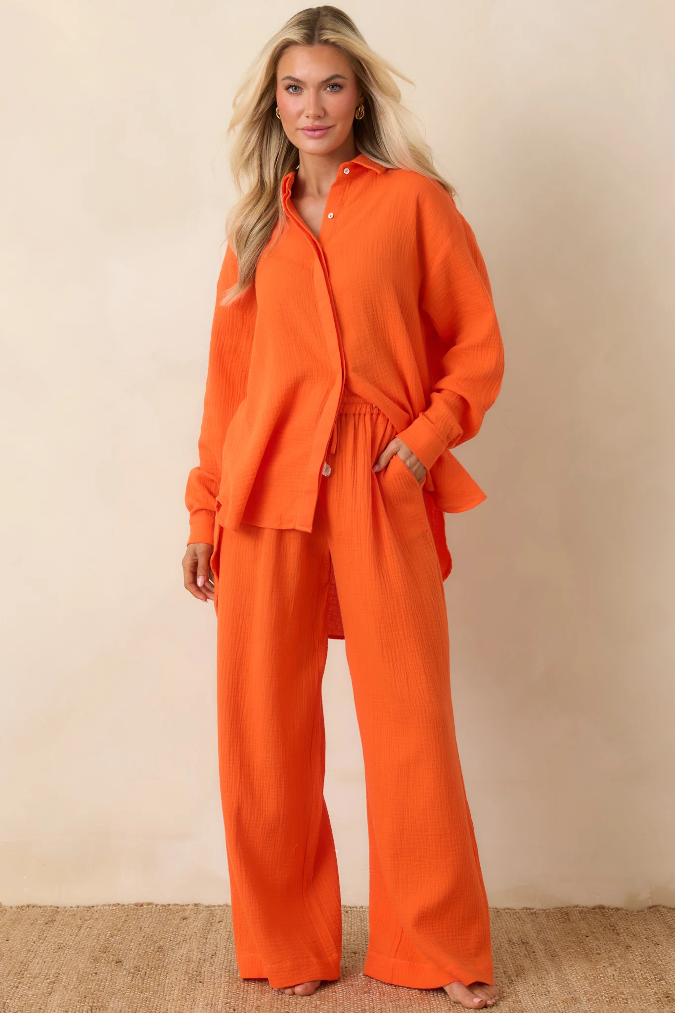 Paradisa Naples Orange Cotton Button-Up Top - M / Orange | Red Dress