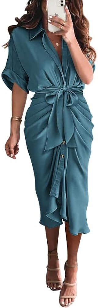 BTFBM Women 2024 Button Down Ruched Shirt Dresses Short Sleeve Lapel V Neck Elegant Party Spring ... | Amazon (US)