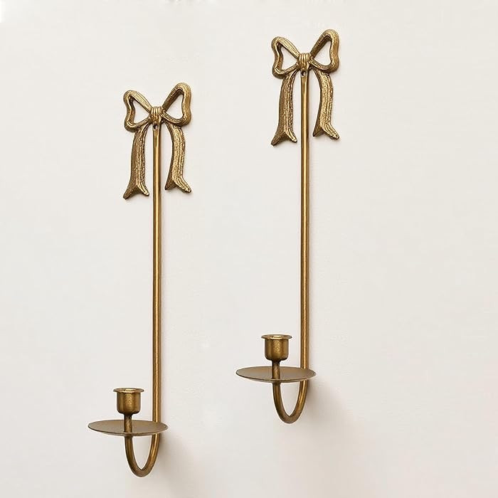 Metal Wall Candle Sconce Holders, Set of 2, Gold, Modern Bow Design, Wall Mount Taper Candle Hold... | Amazon (US)