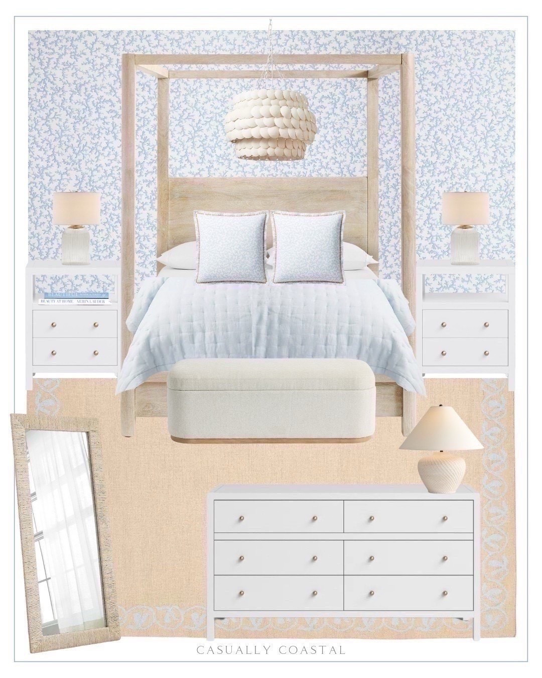 Primary Bedroom Design! So many of these pieces are currently on sale including the rug, bedding, chandelier and more!
——
Coastal primary bedroom, coastal home, coastal style, master bedroom ideas, coastal home decor, neutral bedroom, primary bedroom with canopy bed, coastal canopy bed, pottery barn bed, coastal wallpaper, blue and white wallpaper, coastal pillow covers, blue and white pillow covers, white nightstand, 2-drawer nightstand, wayfair furniture, wayfair nightstand, ribbed glass table lamp, coastal lamp, nightstand lamps, coastal rug, bedroom rug, neutral rug, Serena & lily rug, bedroom rugs, 9x12 rugs, 8x10 rugs, upholstered bench, coastal bench, bedroom bench, bench for end of bed, tiered chandelier, coastal chandelier, bedroom chandelier, bedroom lighting, coastal mirror, woven floor mirror, seagrass rectangle mirror, ceramic table lamp, Serena & lily bedding, coastal bedding, blue linen quilt, coastal quilt, white dresser, 6 drawer dresser, coastal books, Amazon coffee table books, king size beds, queen size beds, light wood bed

#LTKHome #LTKSaleAlert