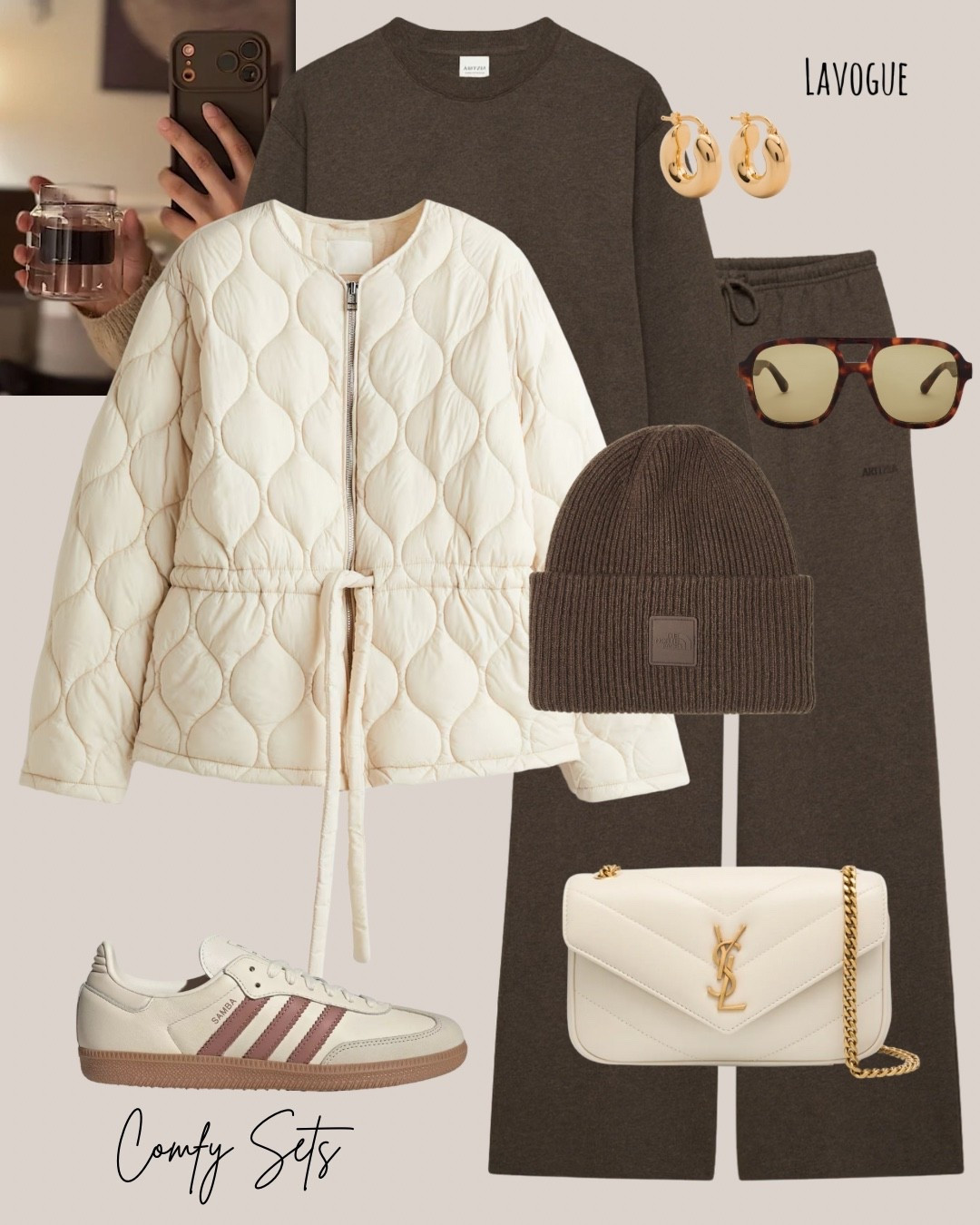 Mocha tones, quilted textures 🤎
A rich mocha lounge set paired with a cream quilted jacket for a clean, cozy contrast. Finished with a quilted YSL bag, brown beanie, and adidas Sambas for a casual-luxe vibe that’s perfect for fall days on the go.
Perfect for everyday errands, coffee runs, or travel days when comfort meets chic.

A neutral palette with just the right pop of texture and tone — linked below.

#LTKfall #NeutralStyle #OffDutyLook #YSLbag #AdidasSambas #FallLayers #CozyChic

#LTKSeasonal #LTKShoeCrush #LTKTravel