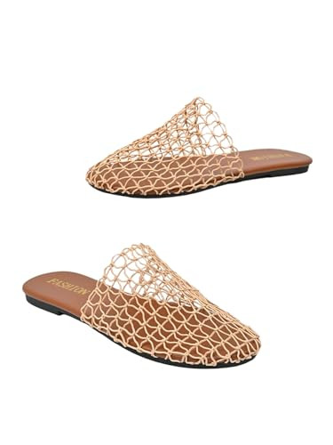 OYOANGLE Women's Fishnet Mesh Summer Flat Sandals See Through Hollow Out Slip On Slides | Amazon (US)