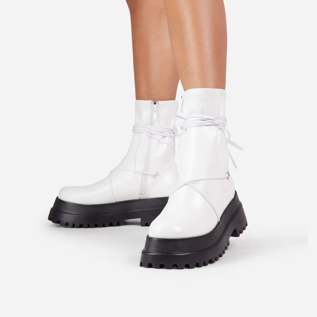 Ashe Lace Up Detail Chunky Sole Ankle Biker Boot In White Faux Leather | EGO Shoes (US & Canada)