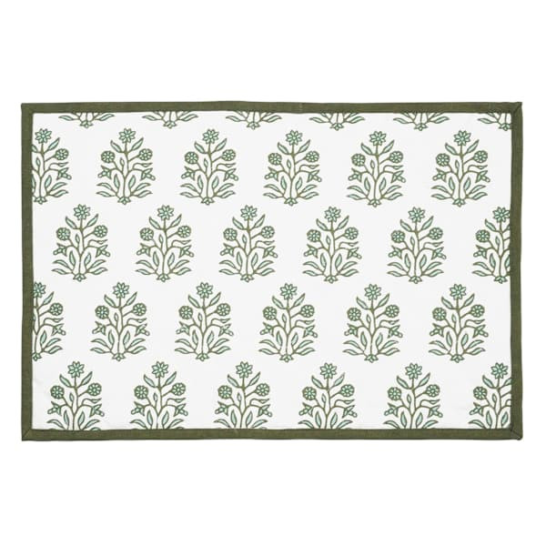 Set Of 4 Green Flower Block Print Placemats, Cotton | At Home