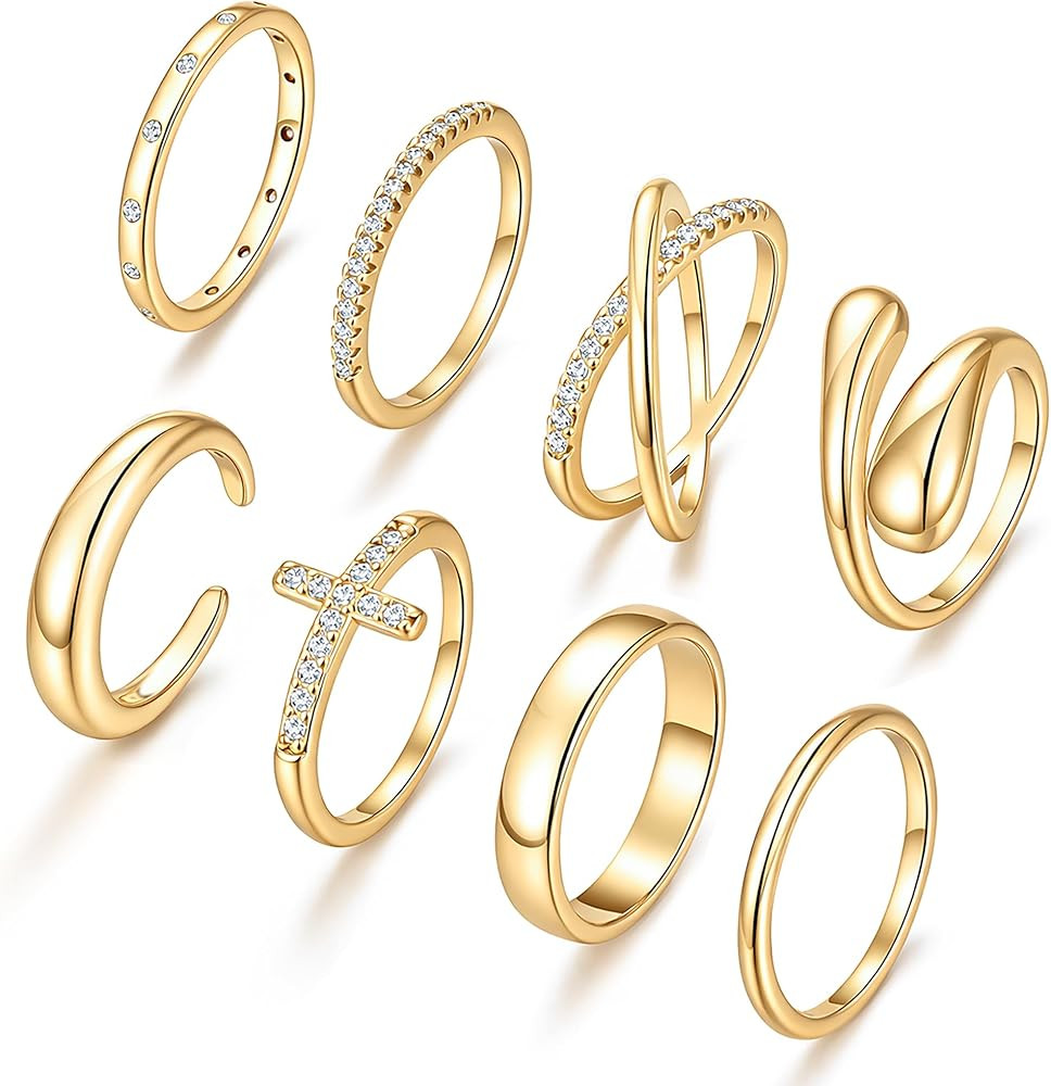 iF YOU Non Tarnish Chunky Gold Rings for Women, 14K Gold Plated Dainty Stackable Cross Cubic Zirconia Ring Set, Knuckle Stacking Pinky Thumb Ring Statement Wedding Bands Jewelry Size 4.5-10 | Amazon (US)