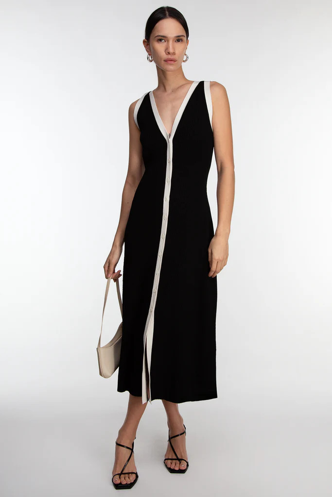 SLEEVELESS CONTRAST TRIM BUTTON FRONT MAXI DRESS | OAK + FORT