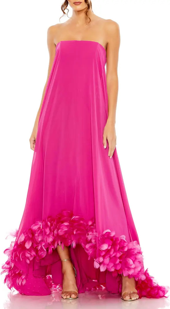 Mac Duggal Women's Chiffon Strapless High Low Feather Hem Gown | Nordstrom | Nordstrom