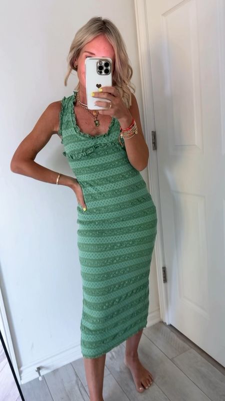 Wedding guest dress
Summer dress
Spring dress
Green dress
I think you could easily dress this one up or down depending on shoes and accessories 
On my true size xs, has a lot of stretch, and a slit in the back.  Open back dress

#LTKstyletip #LTKwedding #LTKover40