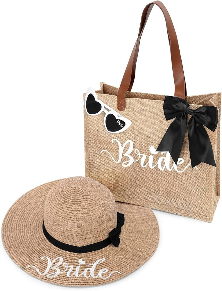 Percozzi Bride Tote Bag Sun Hat Glasses Set Bachelorette Gifts for Bride Jute Bride Beach Bag Bri... | Amazon (US)