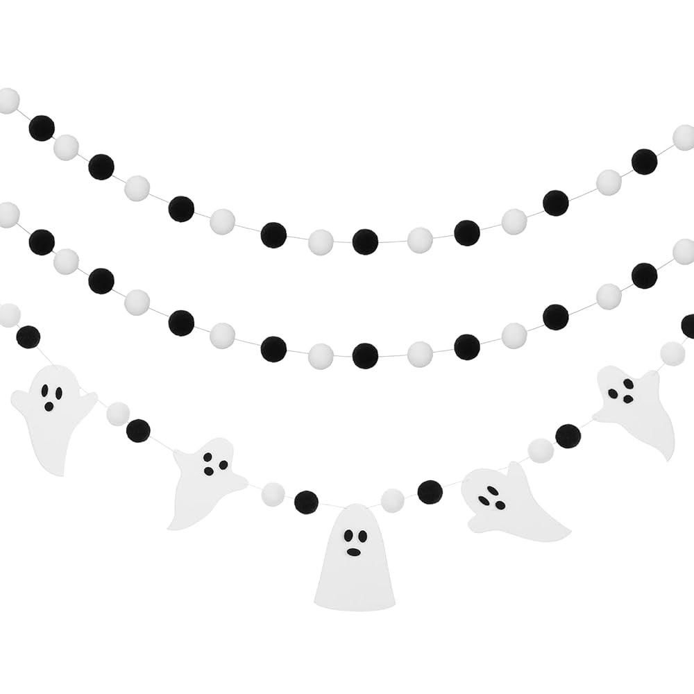 Boao 3 Pieces 8.2 ft Halloween Ghost Pom Pom Ball Garlands Halloween Theme Banner Hanging Felt Ba... | Amazon (US)