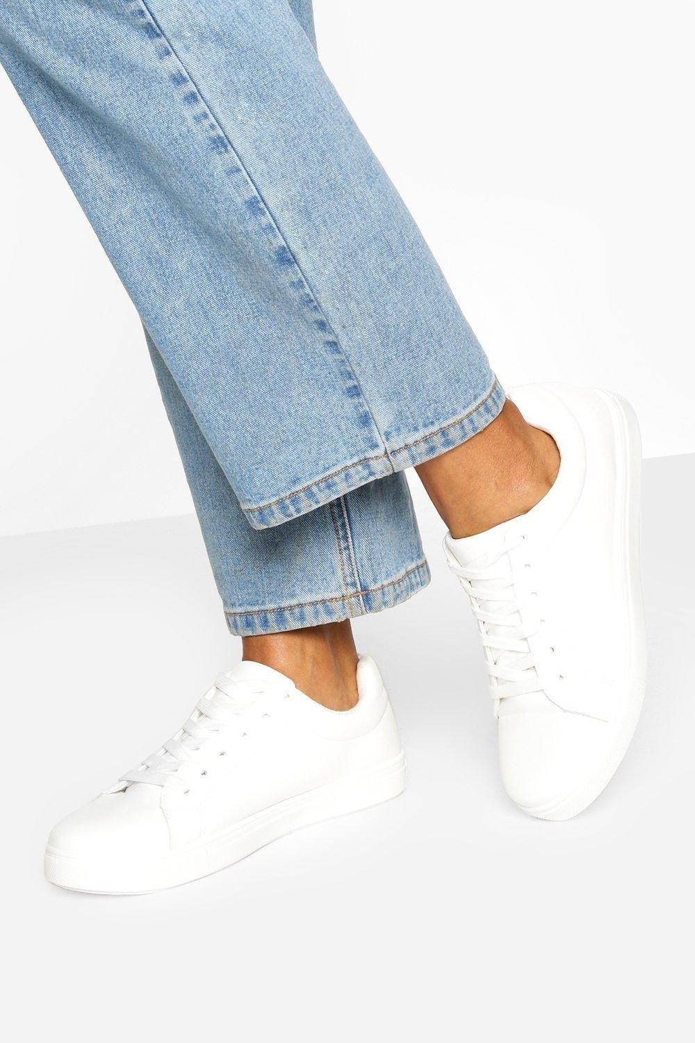 Wide Fit Basic Lace Up Flat Trainers | Boohoo.com (UK & IE)
