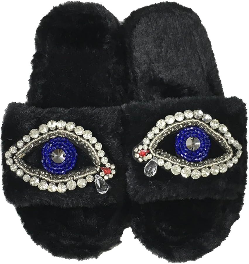 Women's Beaded Evil Eye & Rhinestone Plush Faux Fur Slide Slippers | Amazon (US)
