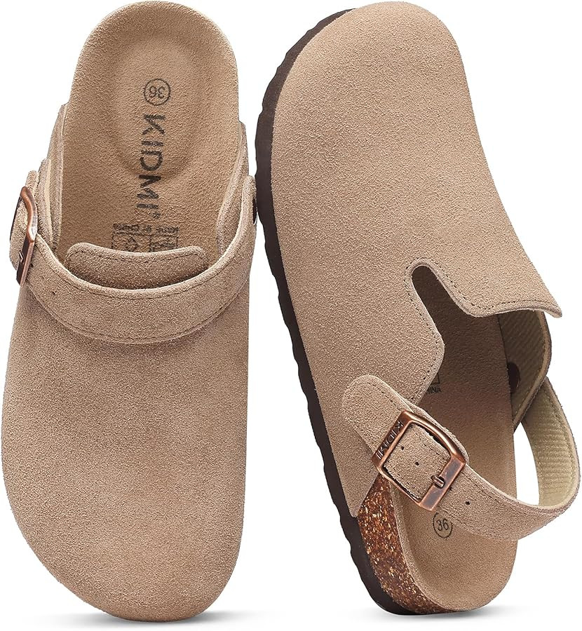 KIDMI Women's Suede Clogs with Back Strap Men's Leather Mules Cork Footbed Slip on Potato Shoes | Amazon (US)