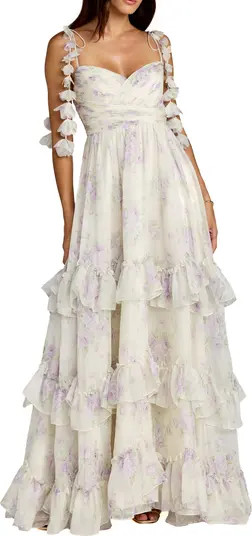Mac Duggal Floral Print Long Flare Sleeve Mesh A-Line Dress | Nordstrom | Nordstrom