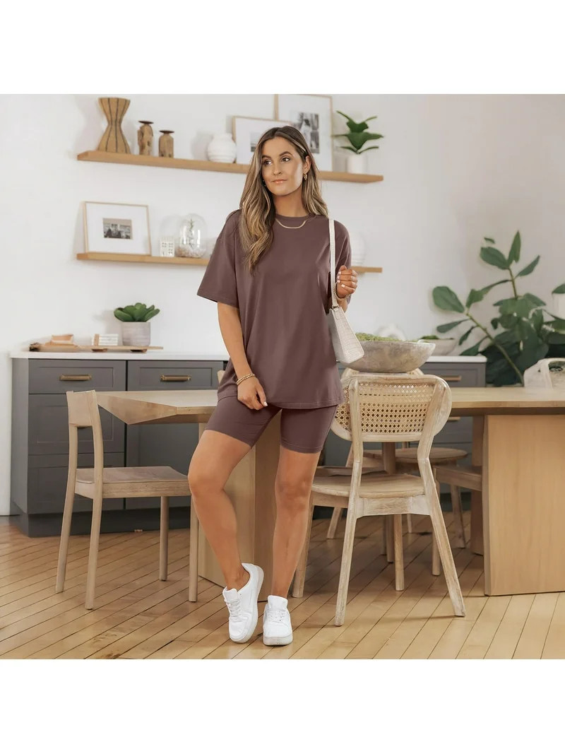 SUNBS 2 Piece Outfit for Women Lounge Sets Oversized Tshirts Matching Biker Short Summer Clothing... | Walmart (US)