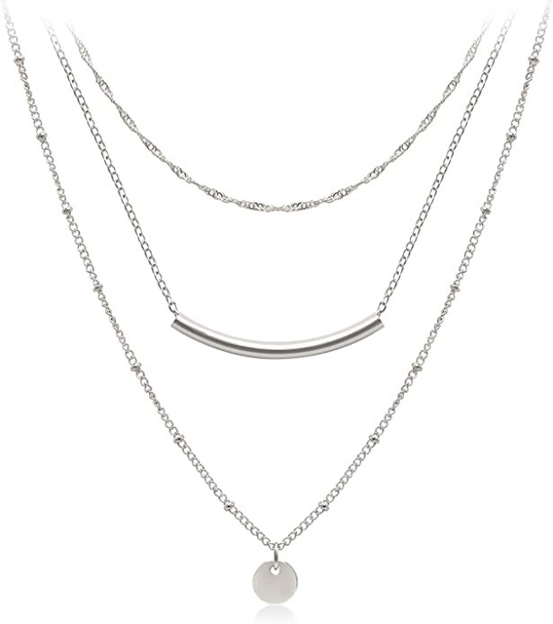 Amazon.com: Aisansty Layered Coin Tube Pendant Choker Necklace for Women Girls Dainty Bar Silver ... | Amazon (US)