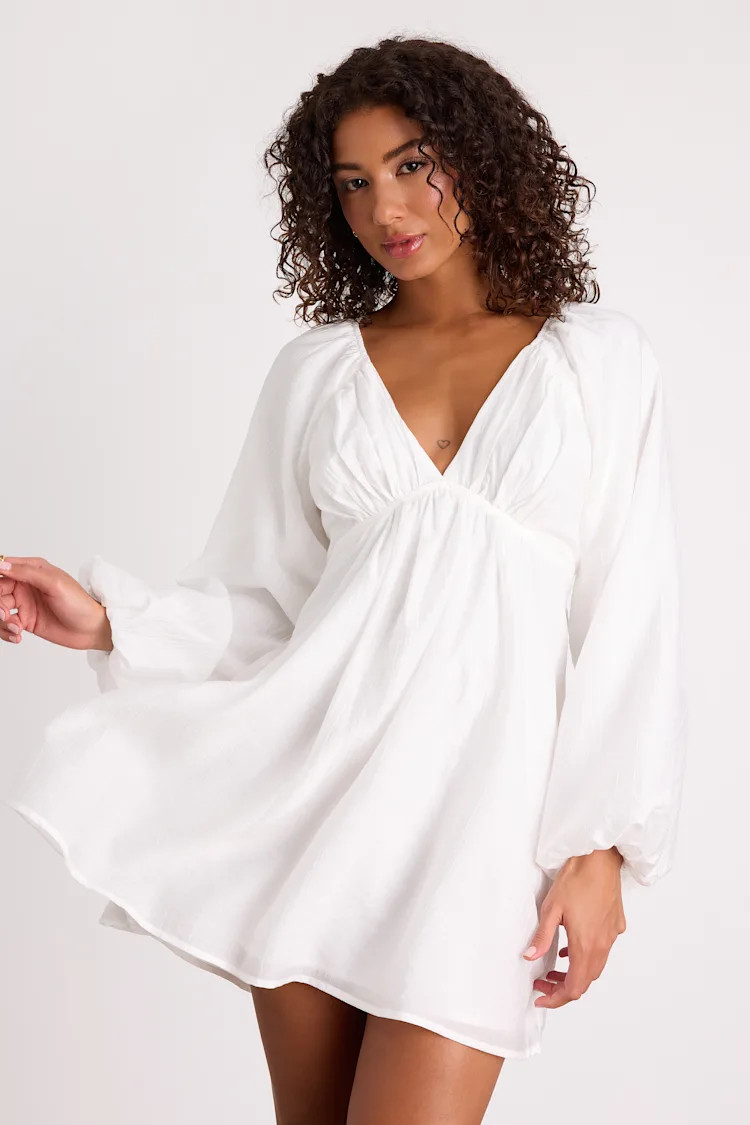 Amerah White Textured Balloon Sleeve Babydoll Mini Dress | Lulus