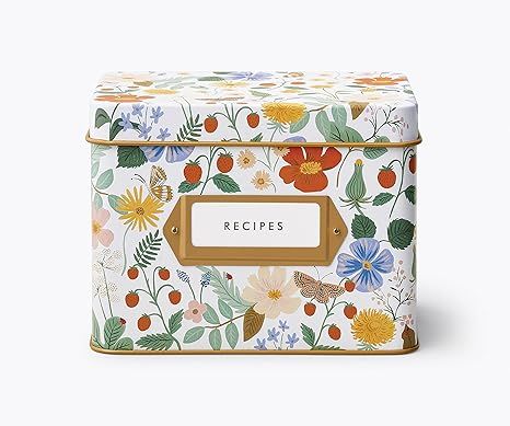 RIFLE PAPER CO. Strawberry Fields Recipe Tin, Gold Metallic Interior, Gold-Framed Label On Front,... | Amazon (US)